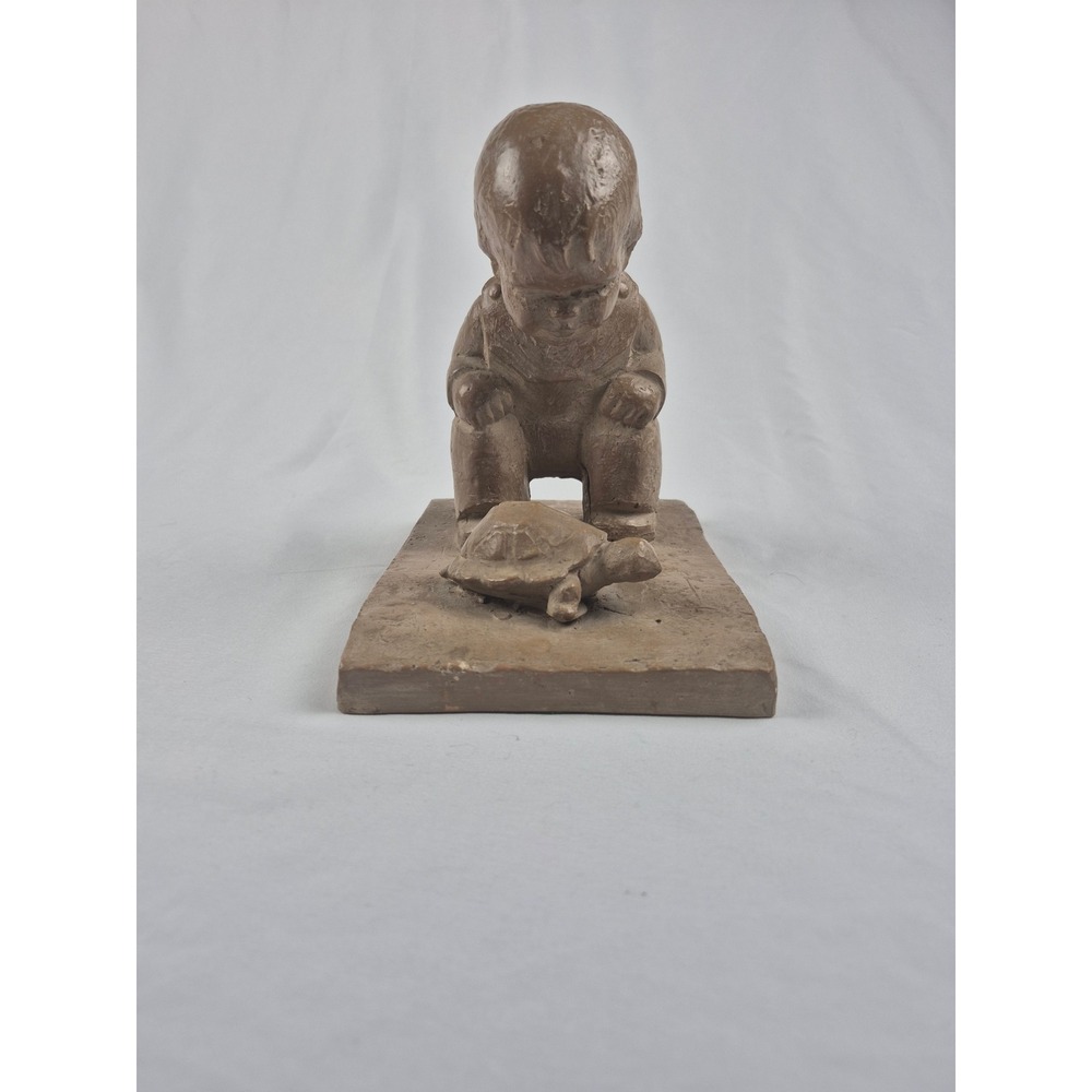 Hager Pottery Child With Turtle Figurine Sculpture Art Pottery 5 Vintage USA MCM